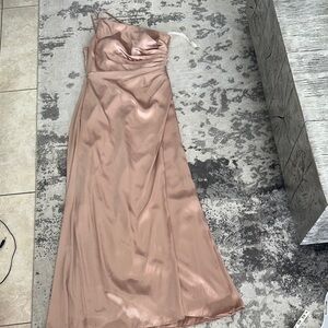 David’s Bridal Galina Signature Charmeuse Draped One-Shoulder Dress in champagne